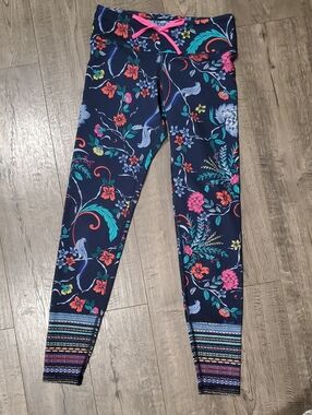 Old Navy Navy Floral Print Leggings with Neon Pink Drawstring